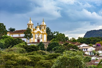 View of the historic city of Tiradentes in Minas Gerais with its colonial style houses and baroque church