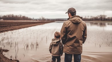 Distressed farming father and son look over their flooded farmland