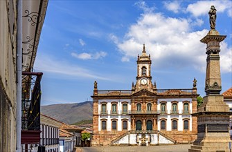 Ancient Ouro Preto central square with its historic buildings and monuments in 18th century Baroque and colonial architecture