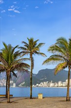 Ipanema beach in Rio de Janeiro during a summer morning with the hills and city buildings in the background