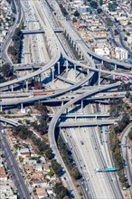 Aerial view of Harbor interchange and Century Freeway traffic in Los Angeles