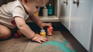A young toddler on the floor of the kitchen or bathroom has found various cleaning and other chemicals in an unsecured cabinet at home