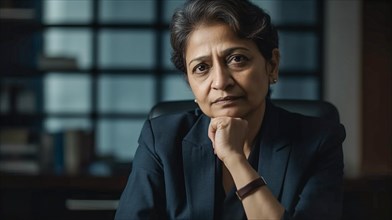 Contemplative successful middle-aged Indian executive businesswoman in her office