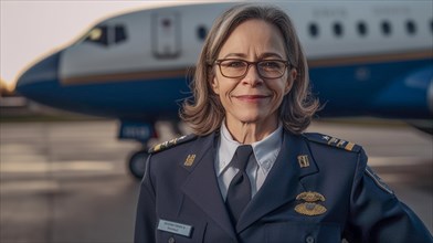 Proud middle-aged female airline pilot in her uniform in front of her passenger airplane on the tarmac