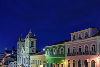 The Pelourinho neighborhood in Salvador seen at night with its historic houses and churches illuminated