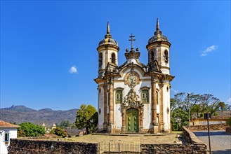 Front view of historic 18th century church in colonial architecture in the city of Ouro Preto in Minas Gerais