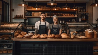 Proud young adult couple at the counter of their new bakery shop in europe