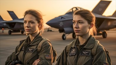 Two proud young adult female air force fighter pilots in front of their F-35 combat aircraft on the tarmac