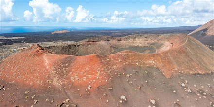 Volcanic crater in Timanfaya National Park in the Canary Islands Panorama aerial view on the island of Lanzarote