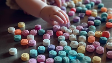 A young toddler is reaching for some rainbow fentanyl pills at home