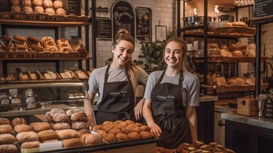 Proud young adult female partners at the counter of their new bakery shop in europe