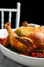 Closeup view of whole chicken baked with oranges and cranberry in oven