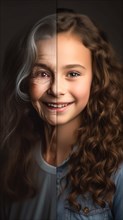 Side by side elderly woman photograph next to herself as A young girl