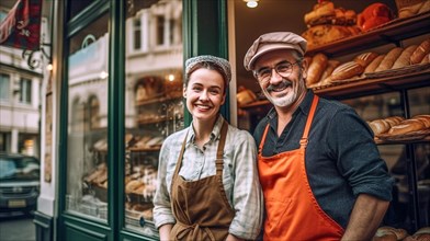 Middle-aged couple at the entrance of their new bakery shop in europe