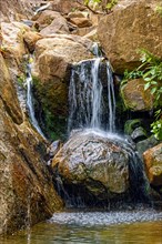 Small waterfall with waters running between rocks and tropical vegetation