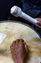 Drums being played during samba performance at Rio de Janeiro carnival