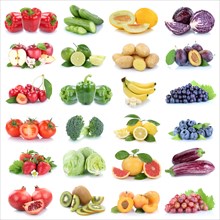 Fruit and Vegetable Fruits with Apple Orange Lemon Tomatoes as collage background square cropped isolated in Stuttgart