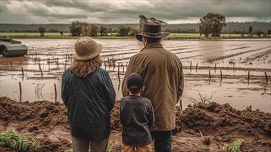 Distressed farming family look over their flooded farmland