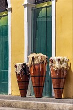 Decorated ethnic drums also called atabaques on the streets of Pelourinho district