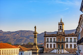 Ancient Ouro Preto central square with its historic buildings and monuments in 18th century Baroque and colonial architecture