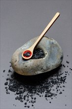 Black Hawaiian salt on spoons and in hollowed stone