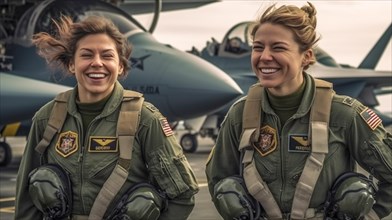 Two proud young adult female air force fighter pilots in front of their F-35 combat aircraft on the tarmac