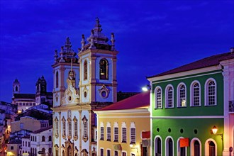 Nightscape of the houses and church of the famous historic district of Pelourinho in Salvador Bahia