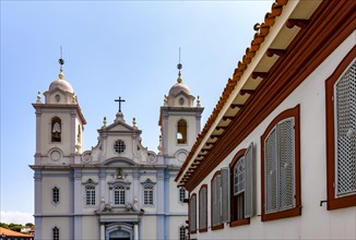 Facade of old colonial houses and church in the historic town of Diamantina in Minas Gerais state