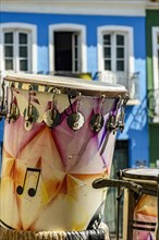 Traditional colorful and handcrafted drums in the streets of the historic district of Pelourinho in the city of Salvador