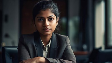 Contemplative successful young adult Indian executive businesswoman in her office