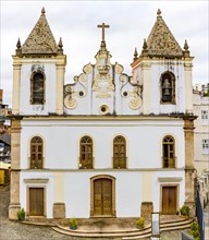 Front view of historic church in Pelourinho neighborhood in Salvador