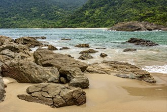 Rocky and deserted beach surrounded by dense and preserved rainforest with tranquil waters and vivid colors in Trindade