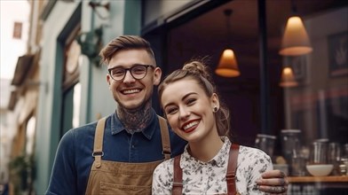 Proud young adult couple at the entrance of their new bakery shop in europe