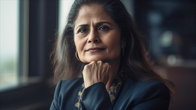 Contemplative successful middle-aged Indian executive businesswoman in her office