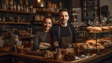 Proud young adult couple at the counter of their new bakery shop in europe