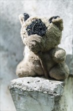 Abandoned shabby teddy on the street