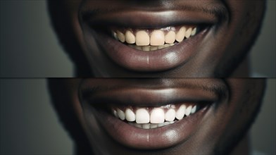 Young adult african american man showing his beautiful before and after teeth whitening smile