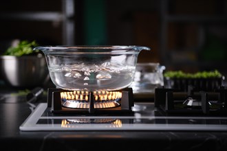 Water boiling in transparent glass pot on gas stove
