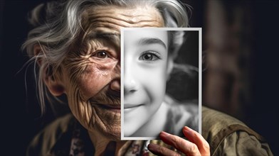Elderly woman with wrinkled skin portrait holding A photo of herself as A young girl with perfect skin