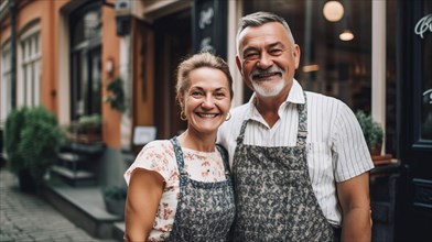 Middle-aged couple at the entrance of their new bakery shop in europe