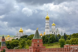Walls and gardens of the Kremelin in Moscow in Russia with its churches and imposing architecture