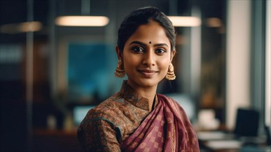Smiling successful young adult Indian executive businesswoman in her office
