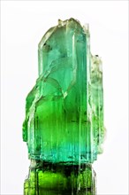 Brazilian crude green tourmaline crystal with white background