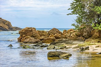 Rocky and deserted beach next to the vegetation with the water between the rocks in Trindade on the south coast of Rio de Janeiro