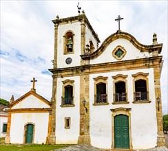 Front view of the facade of a historic church in the city of Paraty on the south coast of Rio de Janeiro