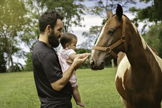 Father and little daughter touching horse. Father's Day Concept