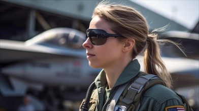 Proud young adult female air force fighter pilot in front of her F-16 combat aircraft on the tarmac