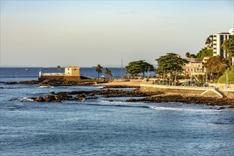 Seafront of the city of Salvador in Bahia with its buildings and the old fort of Santa Maria during the afternoon
