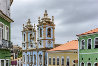 Colorful facades of churches and historic houses in the Pelourinho neighborhood in Salvador