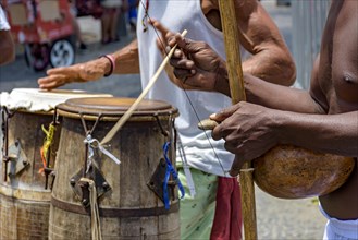 Brazilian musical instruments called berimbau and atabaque usually used during capoeira fight brought from africa and modified by the slaves in the streets of Pelourinho in Salvador